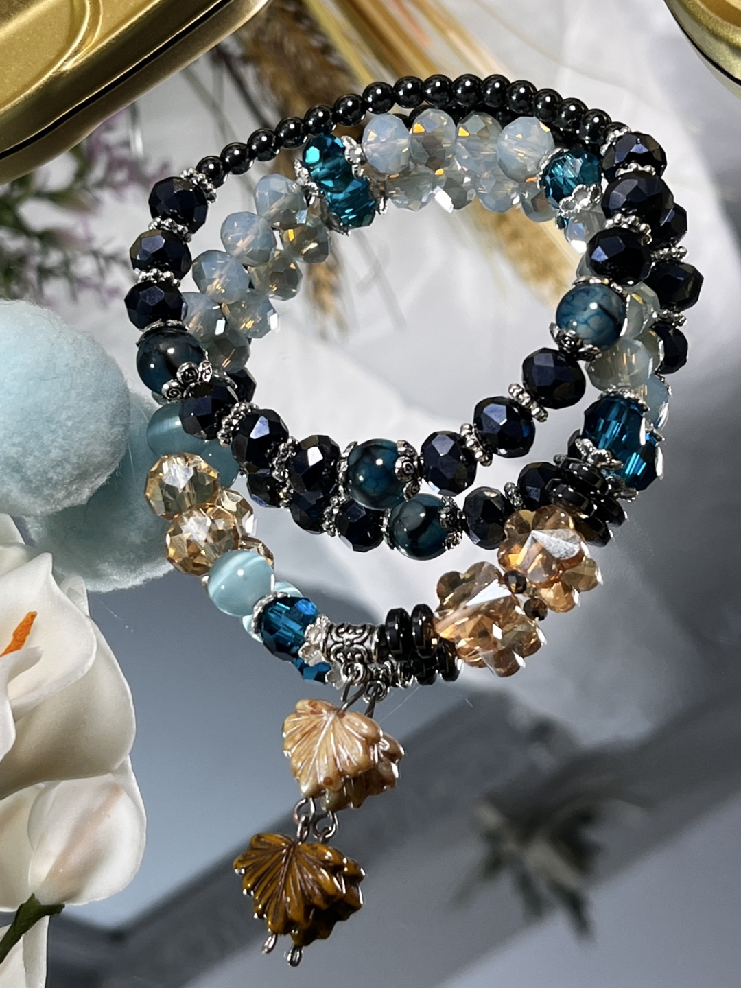 Deep Sea Blue on Leaves Beaded Bracelet Set (2 Pieces) - photo 3