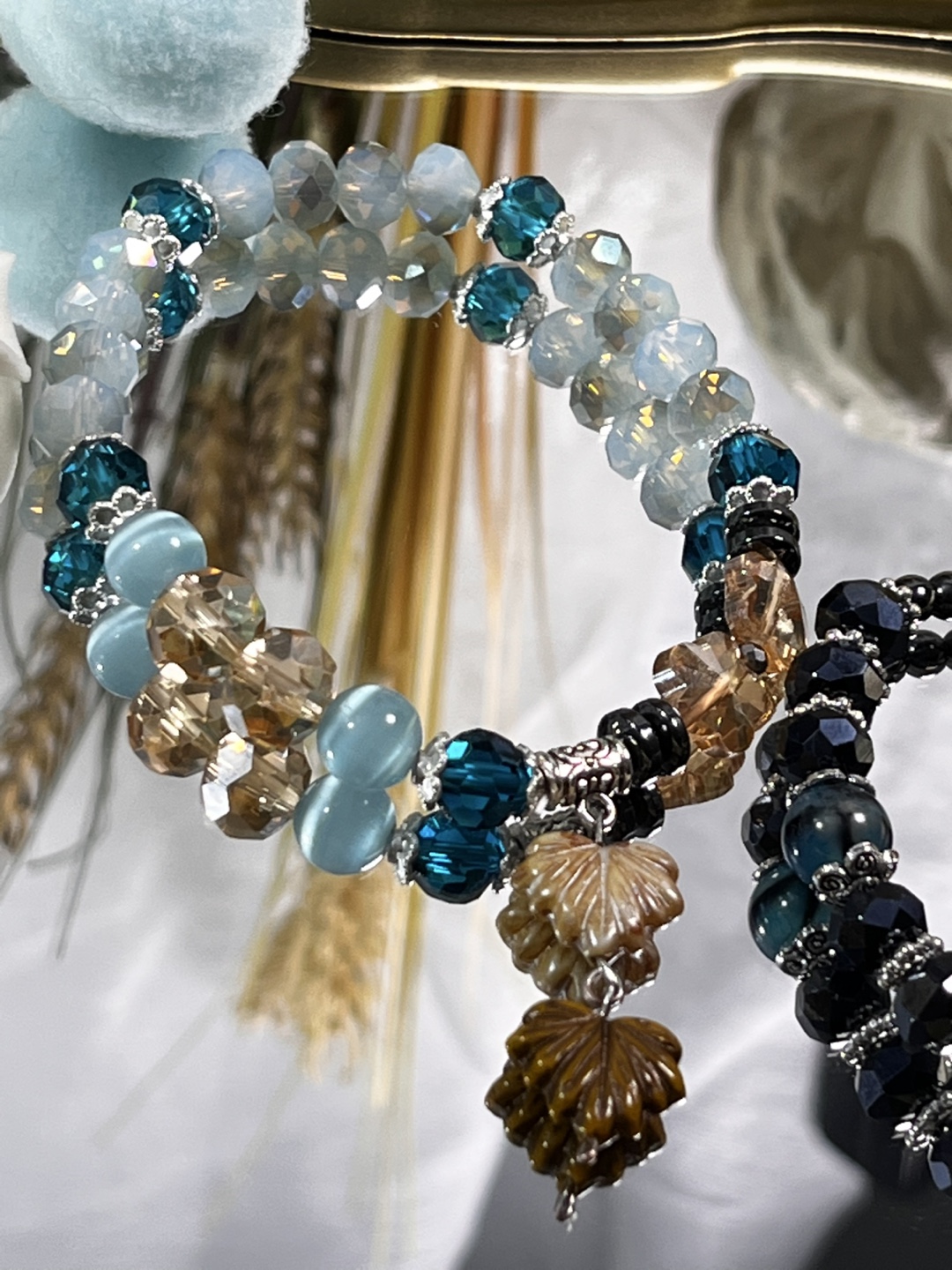 Deep Sea Blue on Leaves Beaded Bracelet Set (2 Pieces) - photo 4