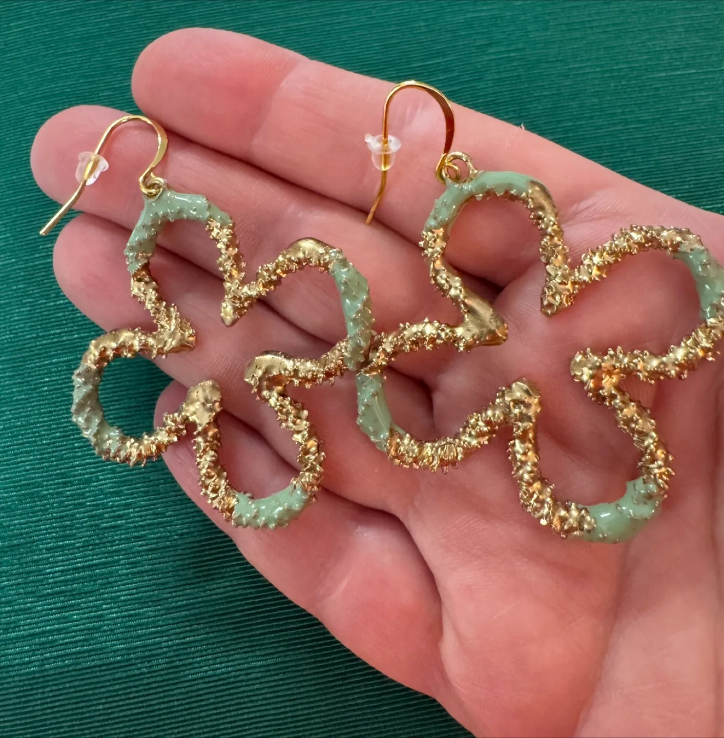 14K Plated large Dangle Clover Drop Earrings w Jade Enameling image indicator(2)