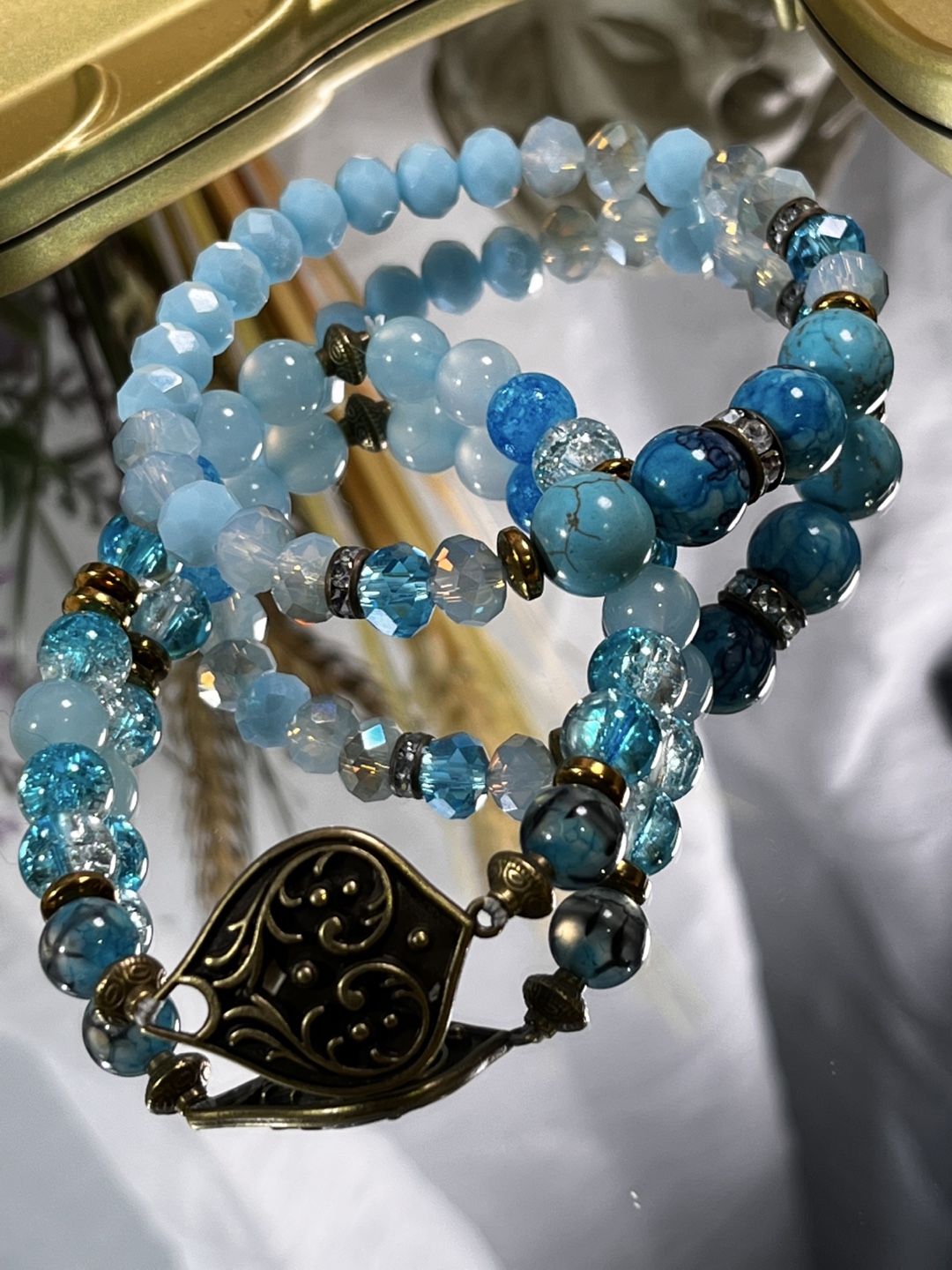 Antique Gold Scrollwork in Blue Madness Beads (2 Layers) - photo 3