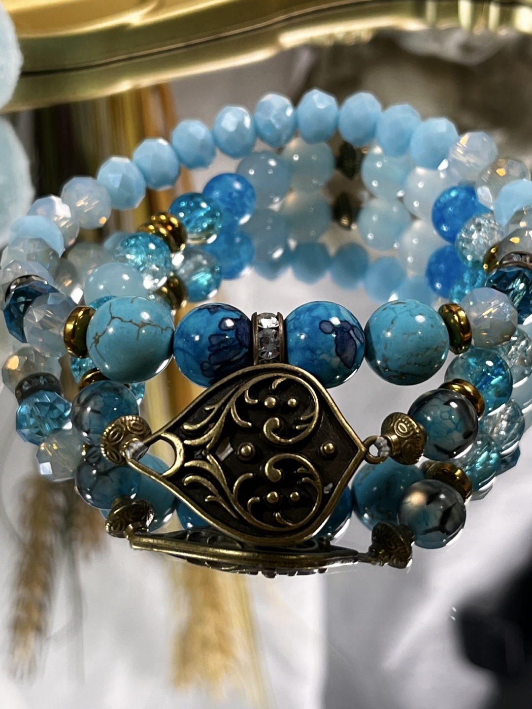 Antique Gold Scrollwork in Blue Madness Beads (2 Layers) - photo 2