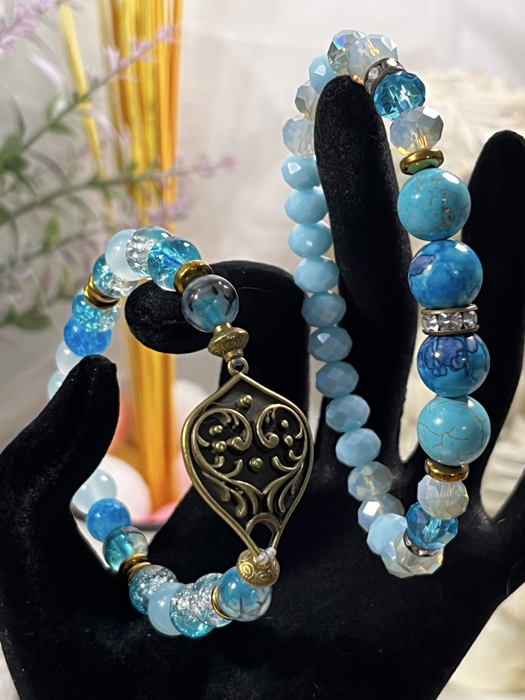 Antique Gold Scrollwork in Blue Madness Beads (2 Layers)