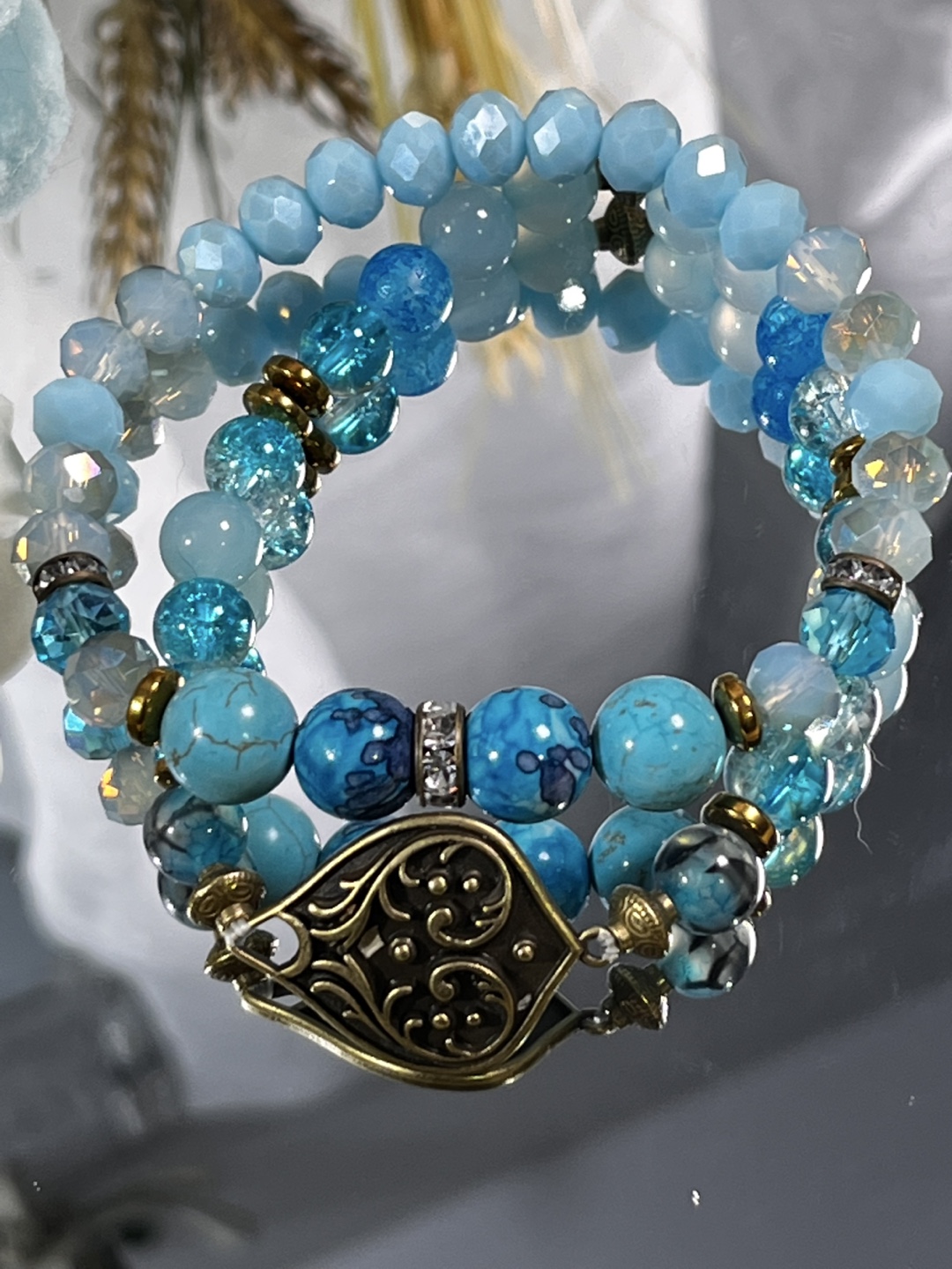 Antique Gold Scrollwork in Blue Madness Beads (2 Layers) - photo 5