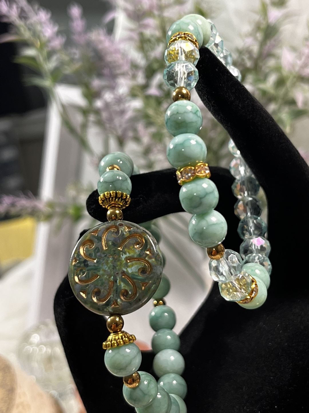 Vintage Floral Inspired Czech Glass Charm in Teal Beads