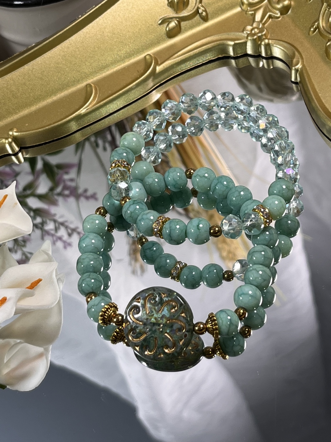 Vintage Floral Inspired Czech Glass Charm in Teal Beads - photo 3