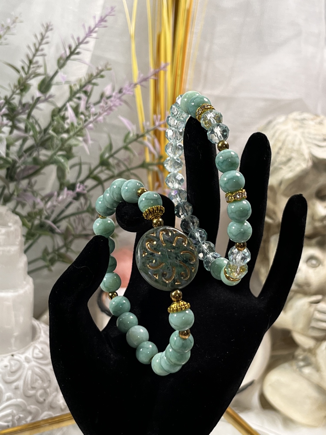Vintage Floral Inspired Czech Glass Charm in Teal Beads - photo 2