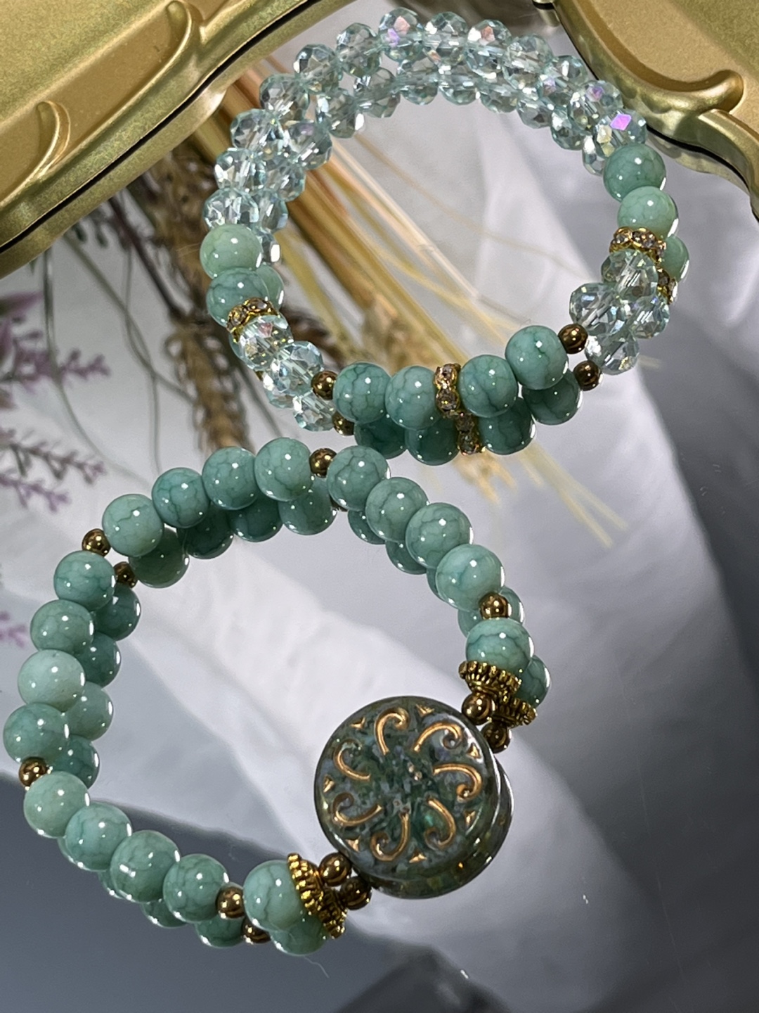 Vintage Floral Inspired Czech Glass Charm in Teal Beads - photo 4
