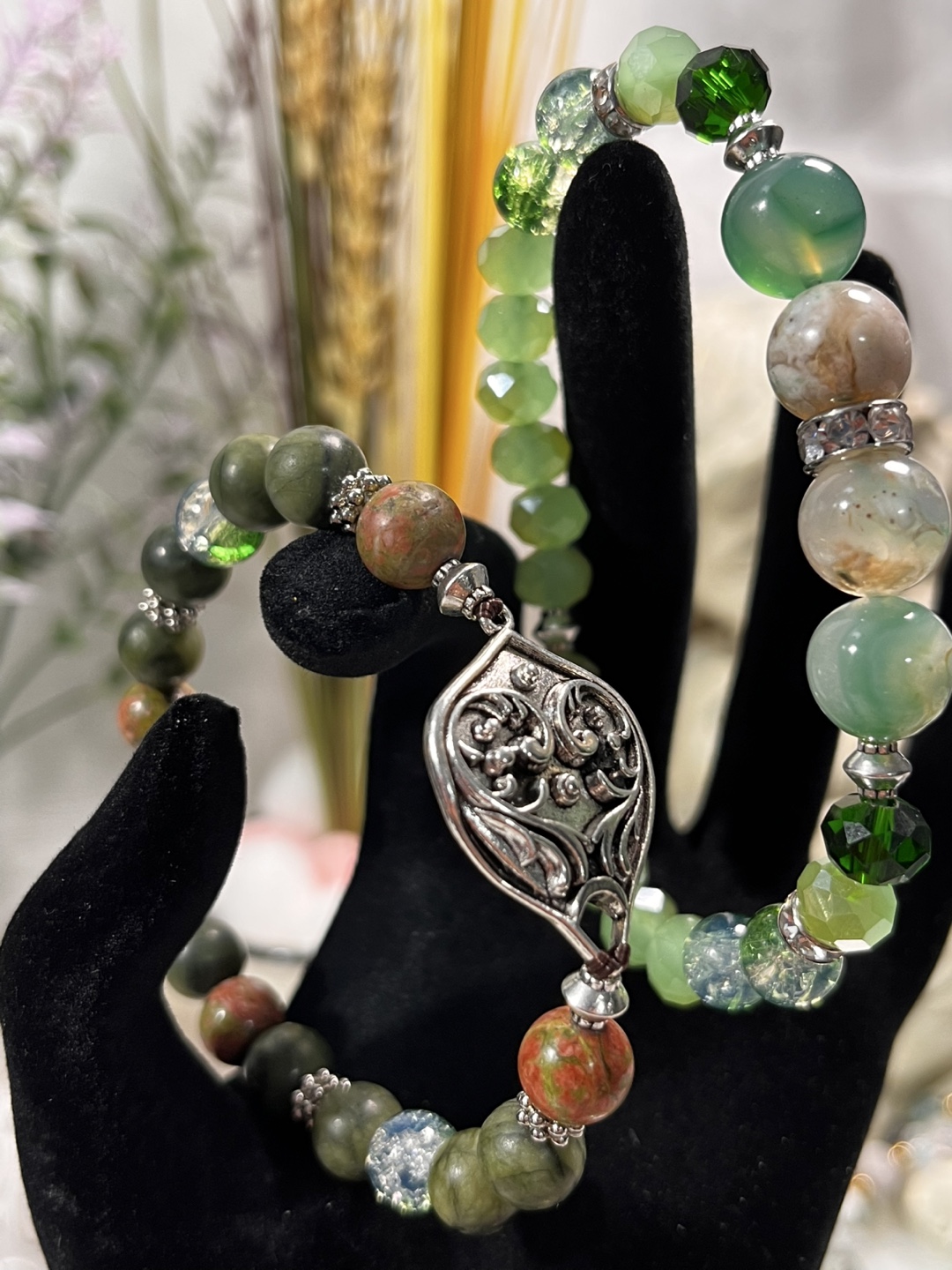 Antique Silver Scrollwork Pendant in Green Crystals Bracelets