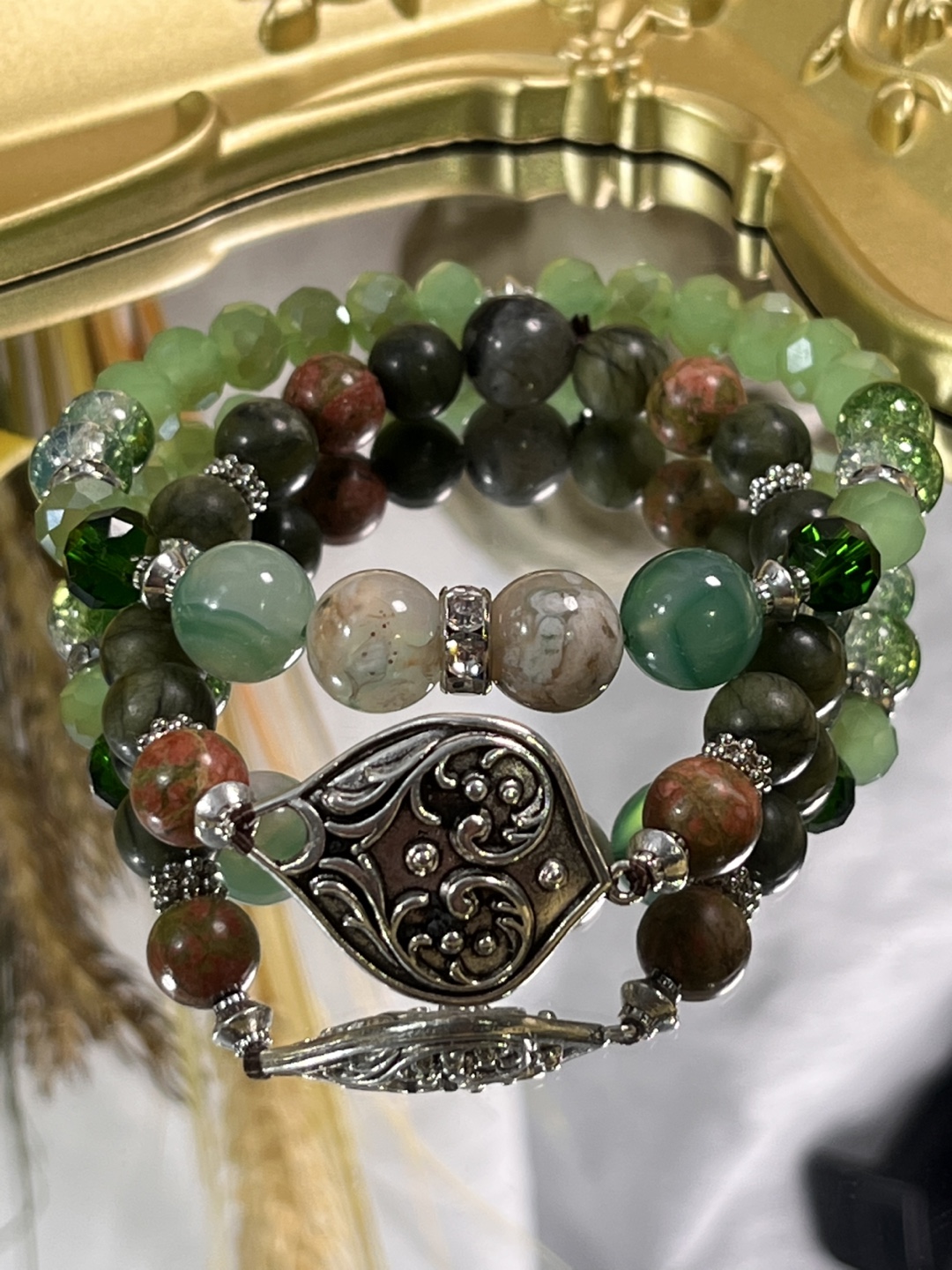 Antique Silver Scrollwork Pendant in Green Crystals Bracelets - photo 5