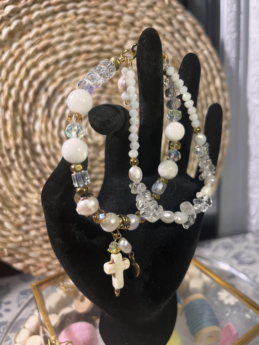 Moonstone and Freshwater Bracelet with Cross Charm