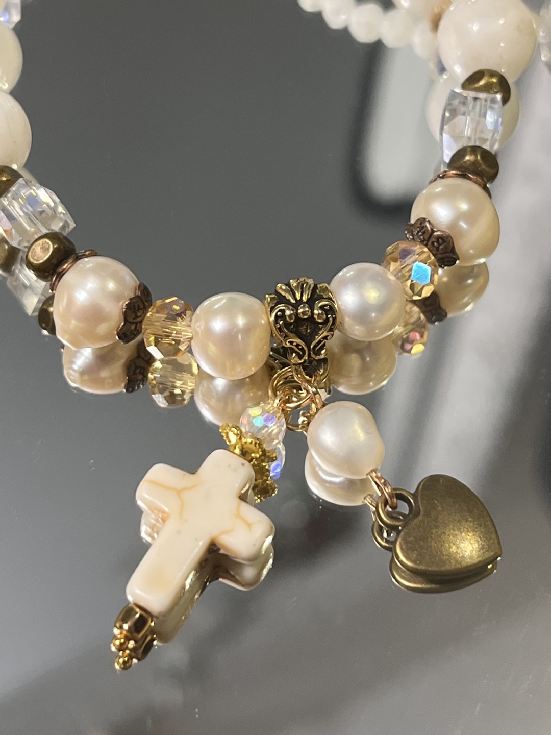 Moonstone and Freshwater Bracelet with Cross Charm - photo 2