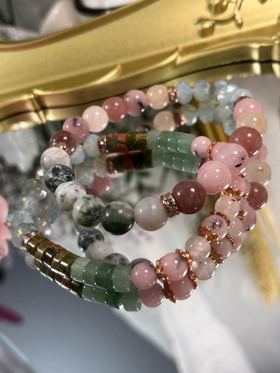 Set of Tree Agate, Unakite, Aventurine Stone Bead Bracelets - photo 3