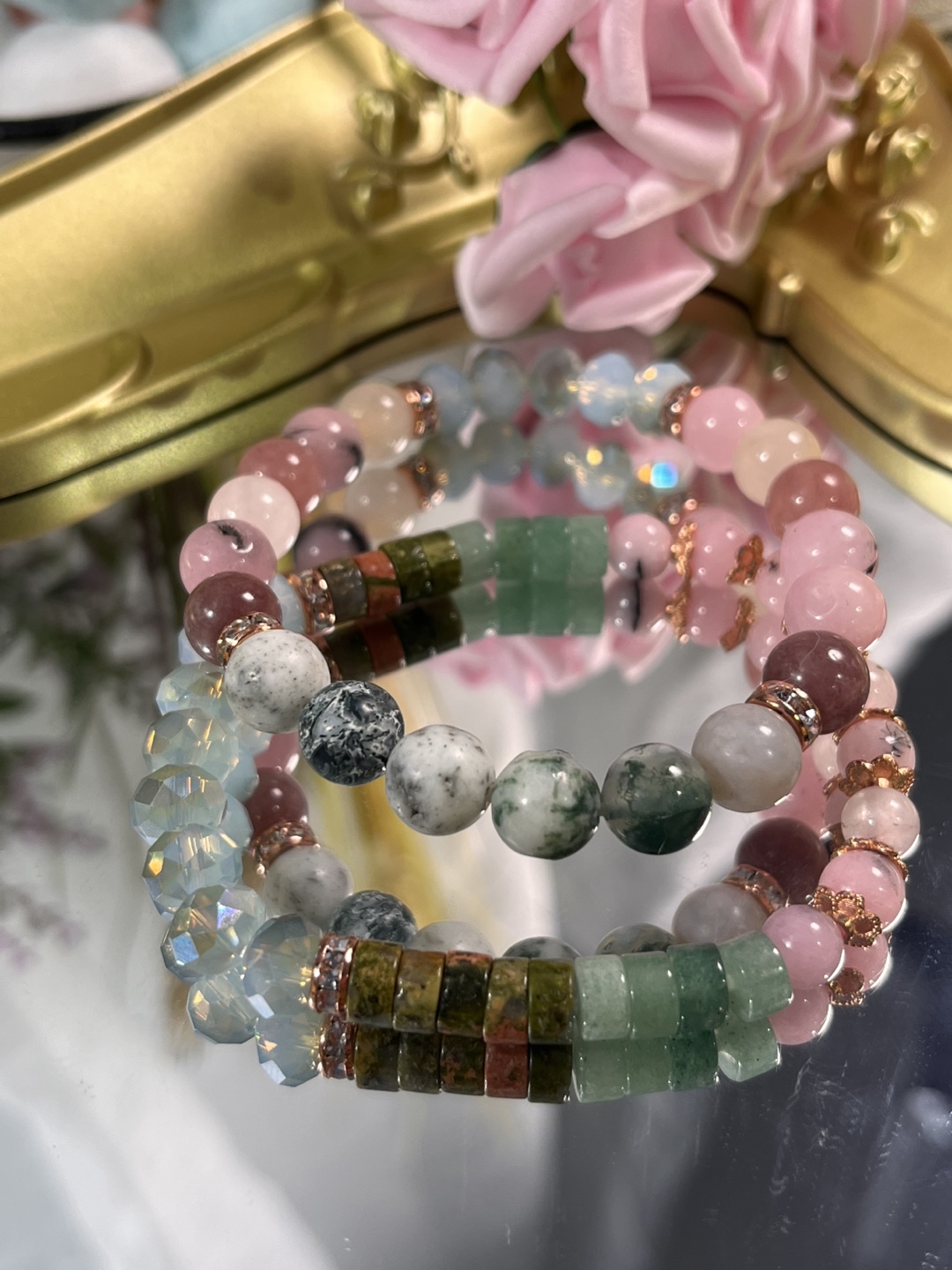 Set of Tree Agate, Unakite, Aventurine Stone Bead Bracelets - photo 4