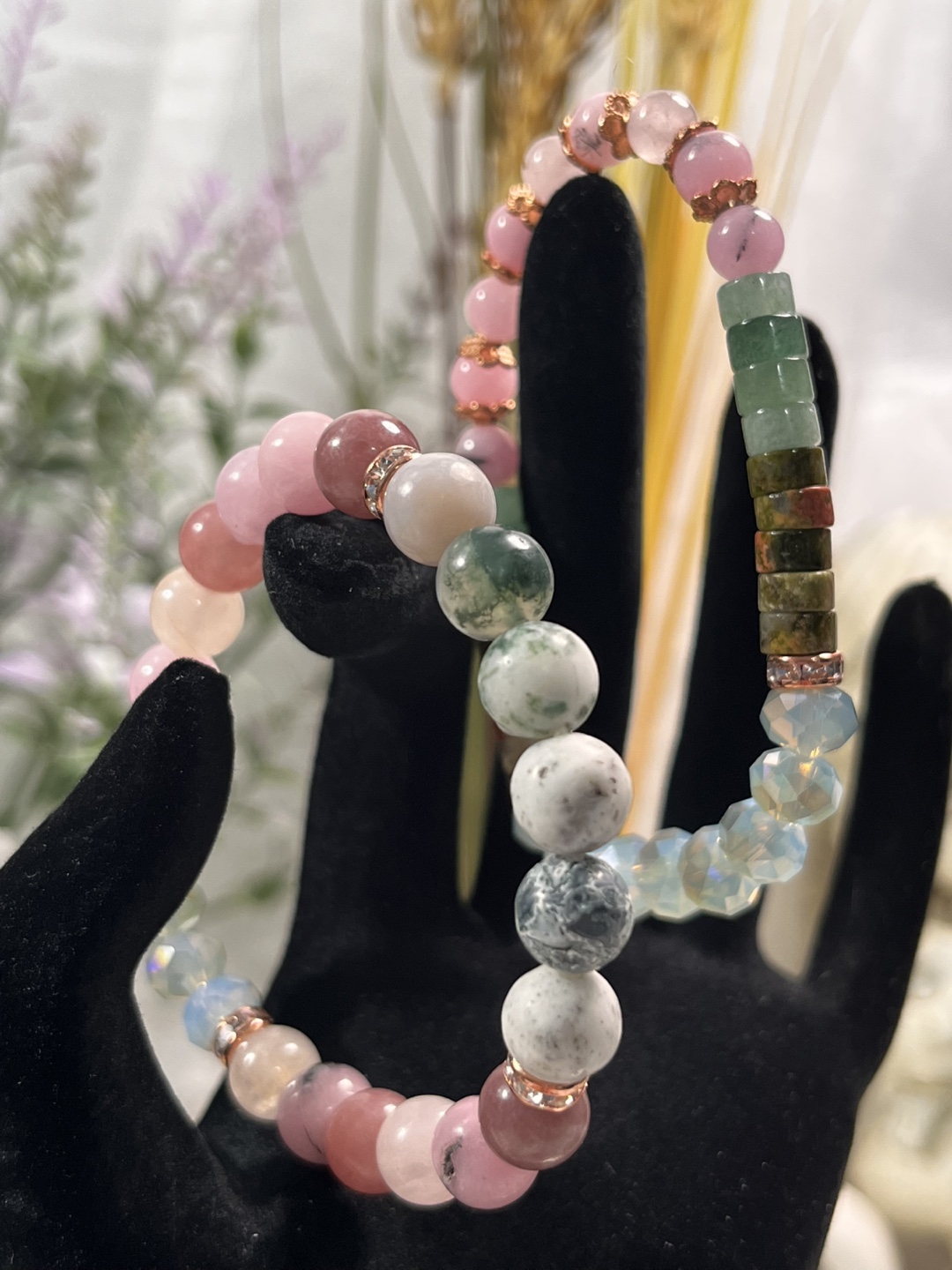 Set of Tree Agate, Unakite, Aventurine Stone Bead Bracelets