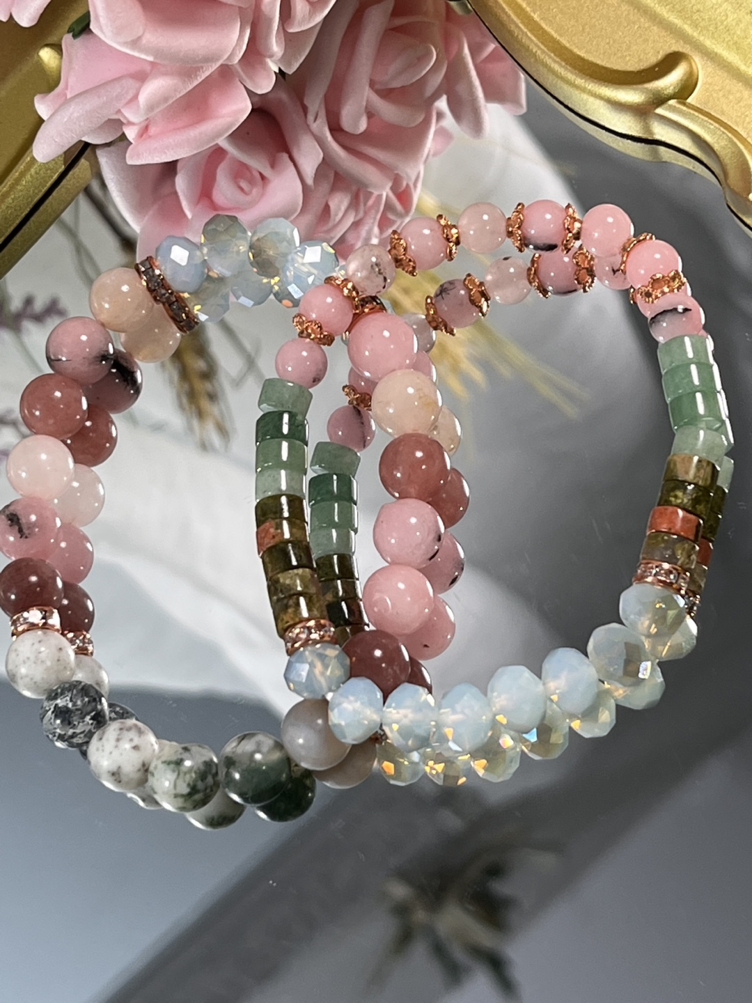 Set of Tree Agate, Unakite, Aventurine Stone Bead Bracelets - photo 5