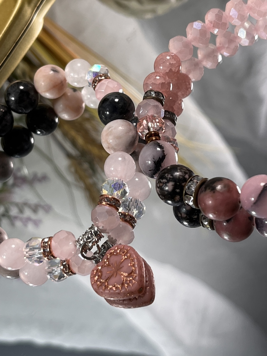 Rhodoniite and Cherry Blossom with Heart Charm (2 Layers)