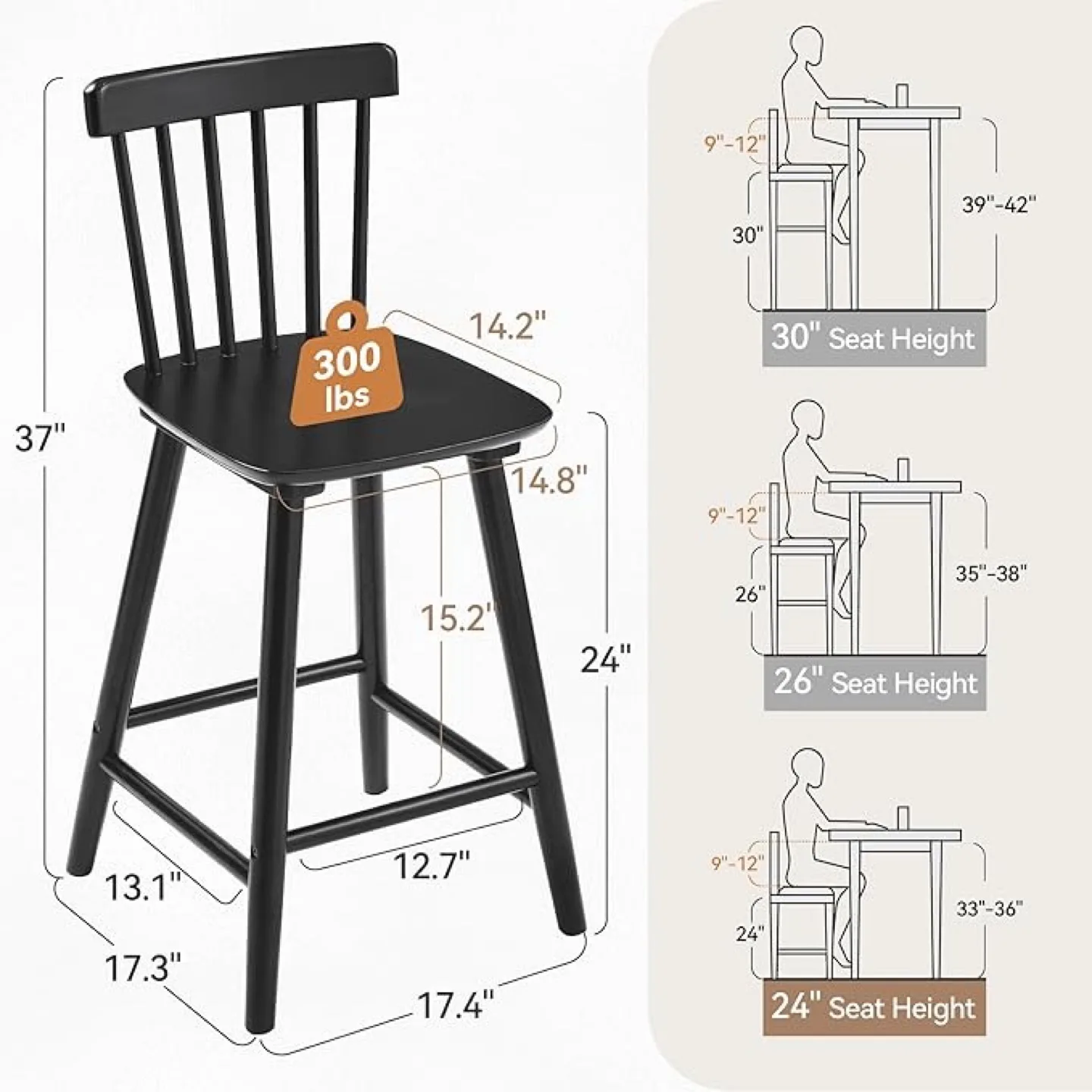 LUE BONA Blk Spindle Back Wooden Counter Height Stools, Set of 2 image indicator(2)