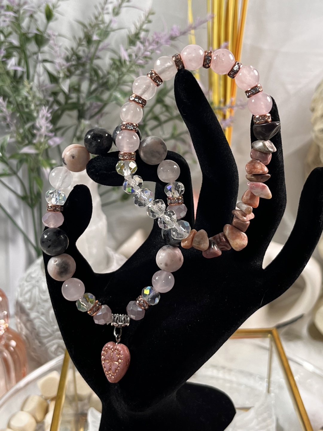 Rhodonite, Rose Quartz and Zebra Jasper Beads with Heart Charm