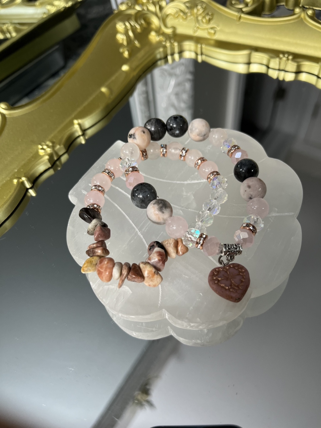 Rhodonite, Rose Quartz and Zebra Jasper Beads with Heart Charm - photo 3