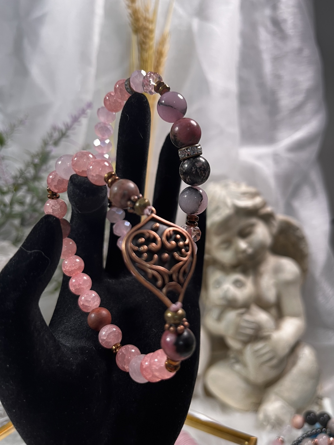Antique Bronze Scrollwork Pendant in Pink Crystals Bracelets - photo 3