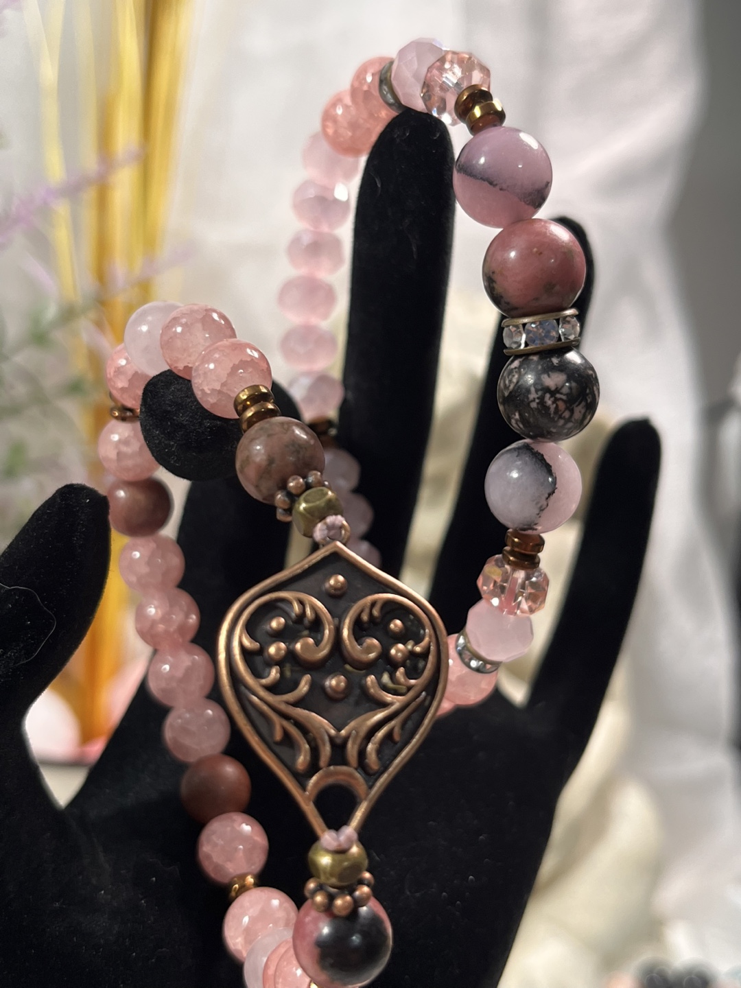 Antique Bronze Scrollwork Pendant in Pink Crystals Bracelets
