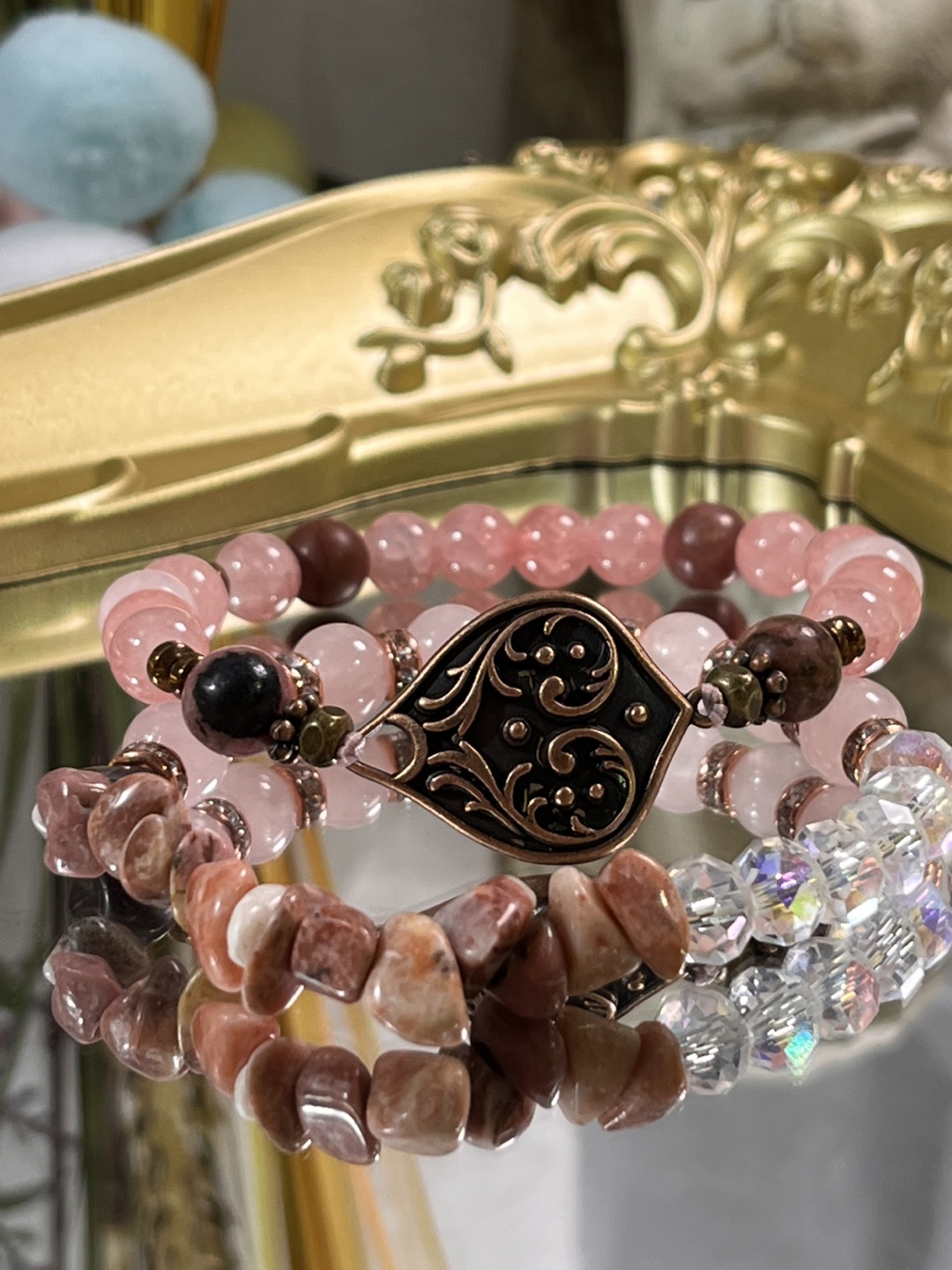 Antique Bronze Scrollwork Pendant in Pink Crystals Bracelets - photo 2