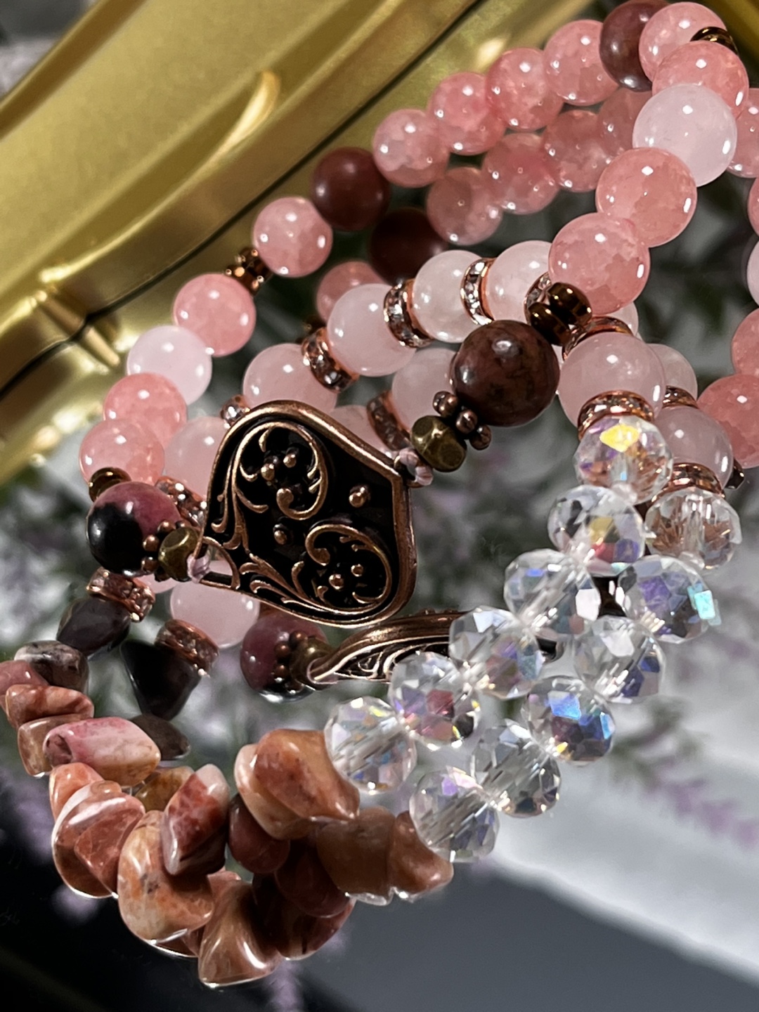 Antique Bronze Scrollwork Pendant in Pink Crystals Bracelets - photo 4