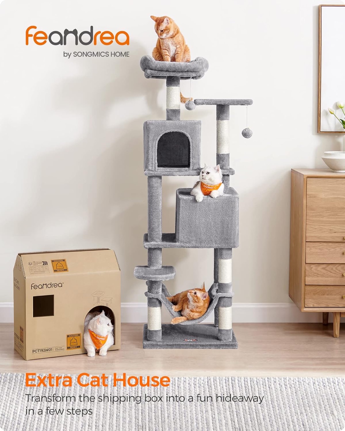 Feandrea Cat Tree, 61-Inch Plush Multi-Level
