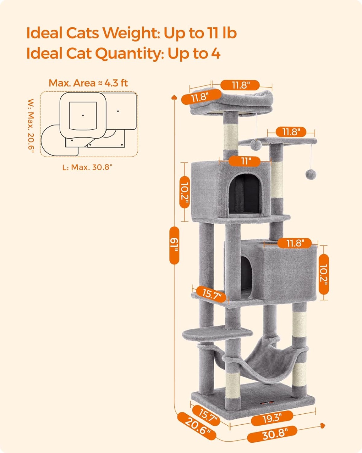 Feandrea Cat Tree, 61-Inch Plush Multi-Level - photo 2