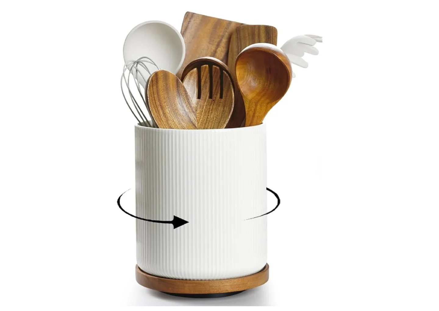 White Porcelain Utensil Crock with Rotating Wooden Base thumbnail