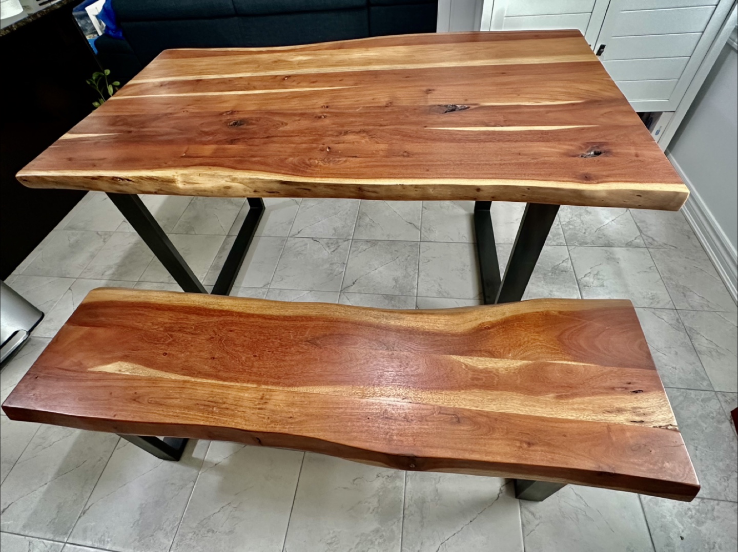 Live Edge Wood Dining Table and Bench Set