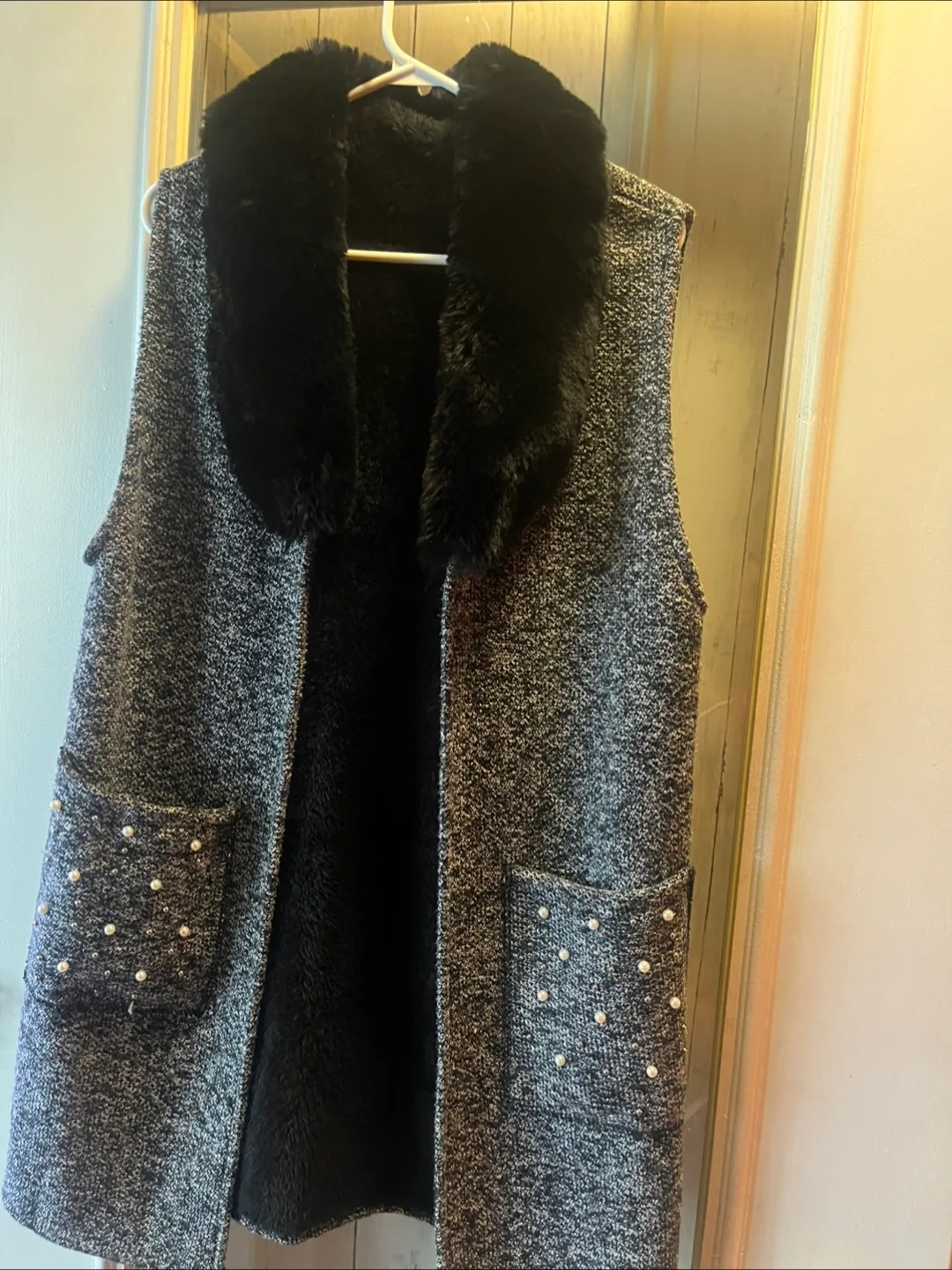 Grey Tweed Vest with black Faux Fur Collar thumbnail