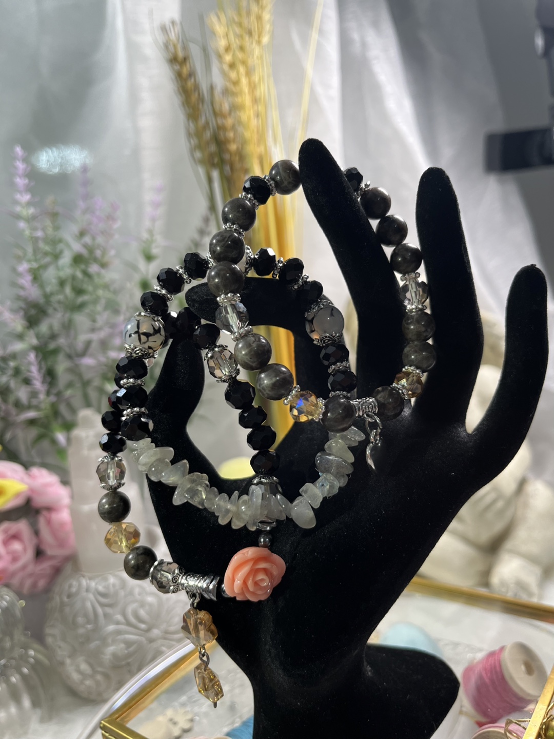 Labradorite and Dragon Vein Agate with Flower Charms Set