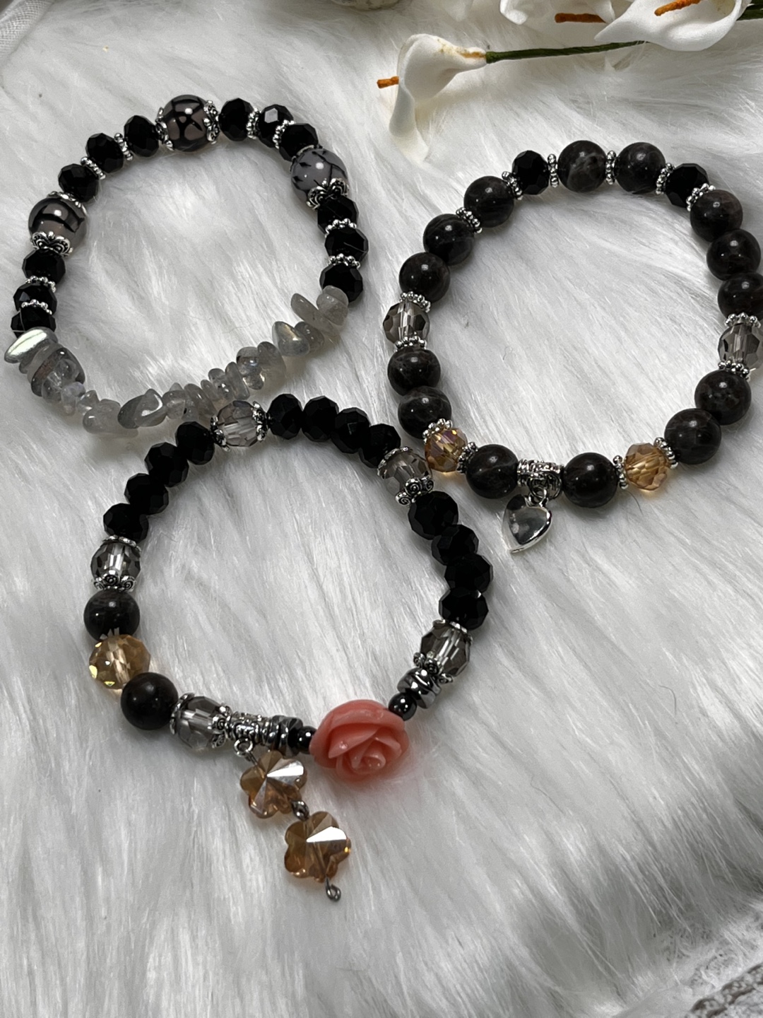 Labradorite and Dragon Vein Agate with Flower Charms Set - photo 5