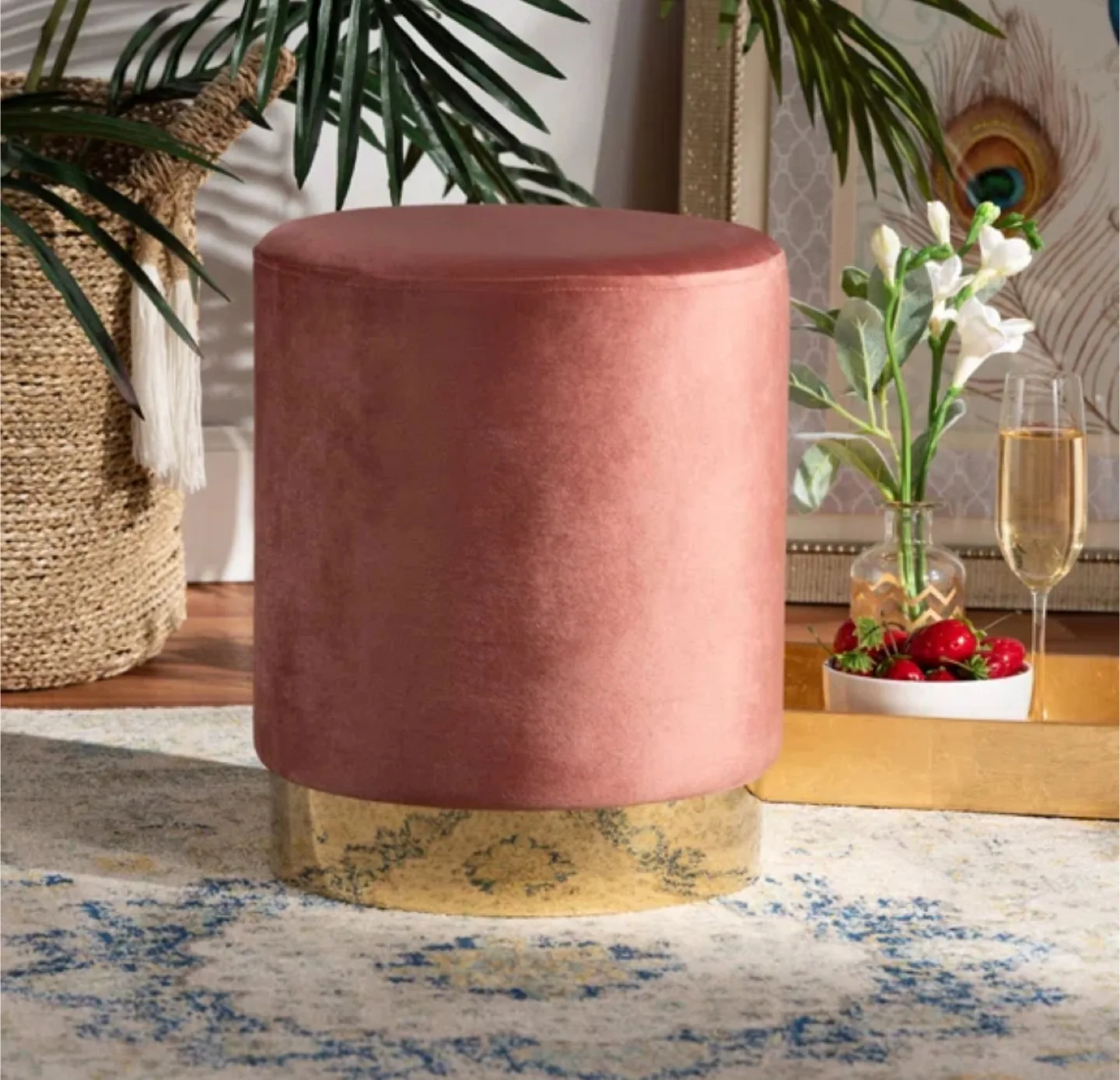 New Pink Velvet Ottoman Stool thumbnail