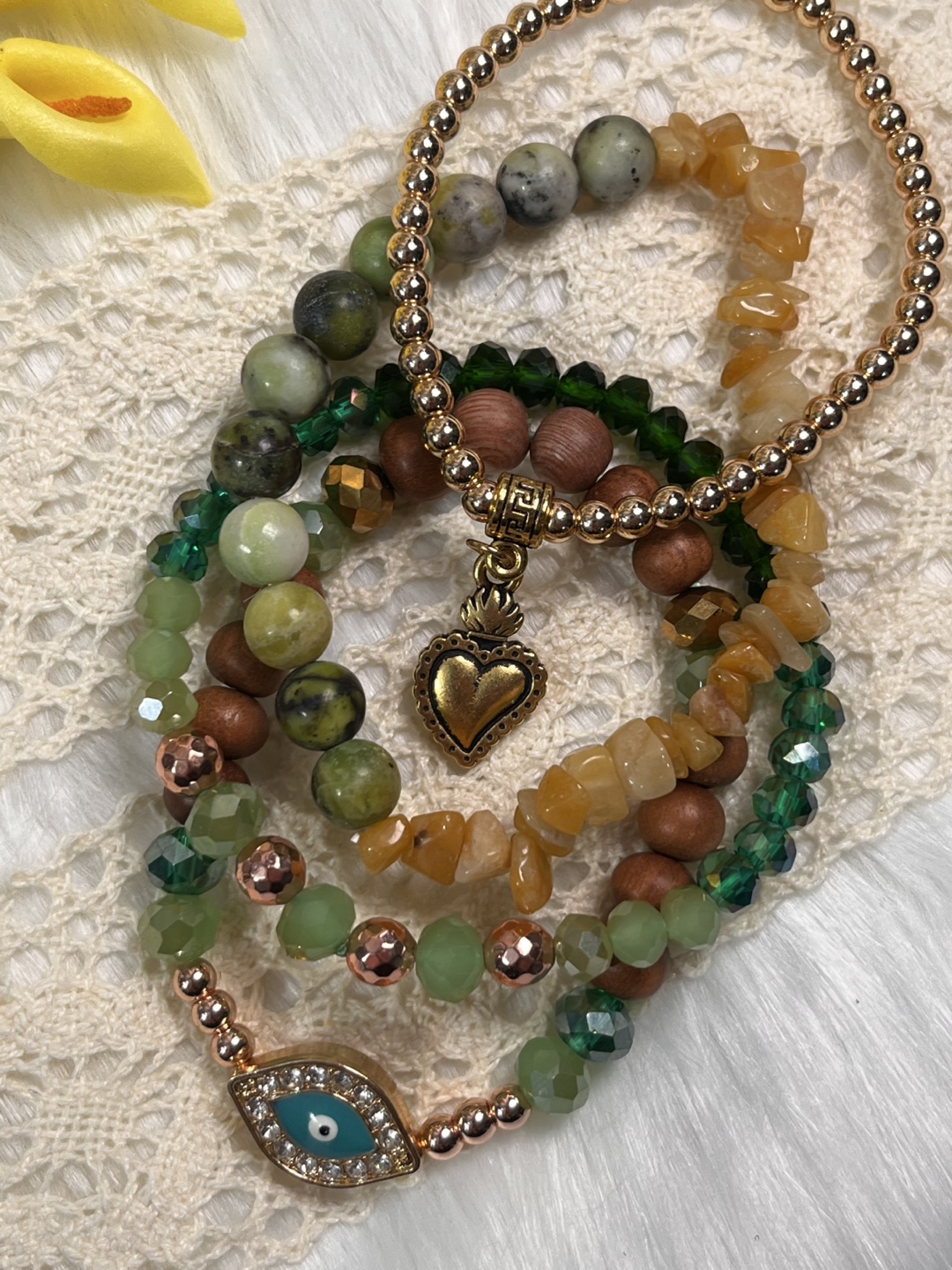 Anti-evil Eye Charm on Aventurine, Opal & Cedar Wood Bracelet - photo 2