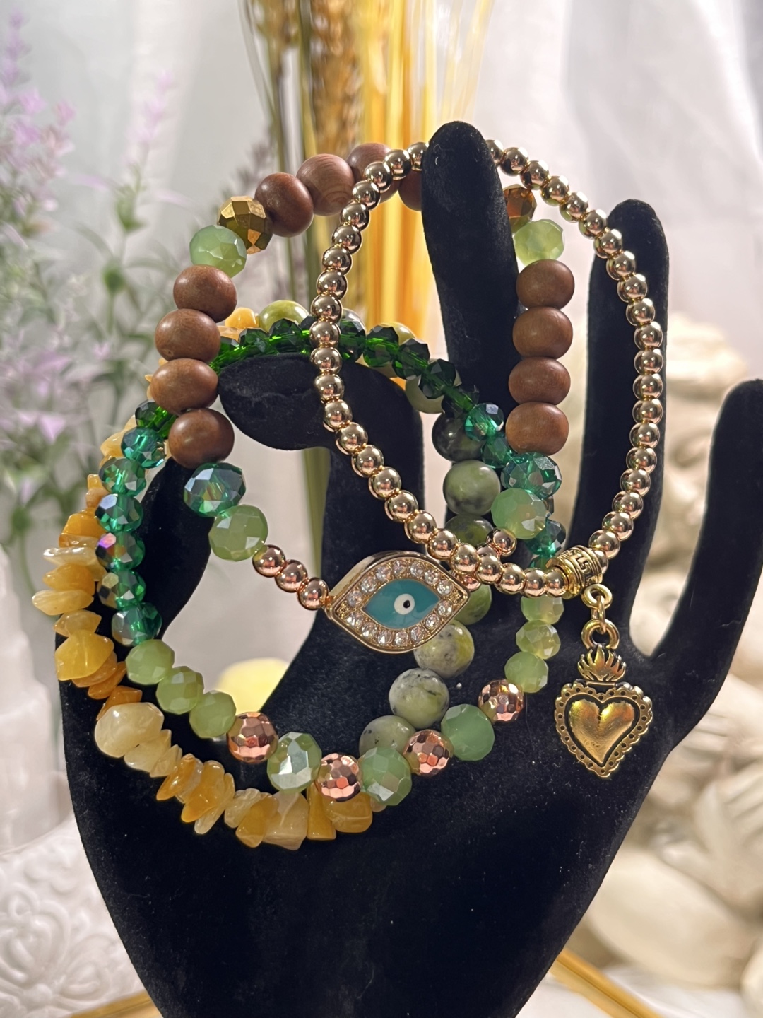 Anti-evil Eye Charm on Aventurine, Opal & Cedar Wood Bracelet