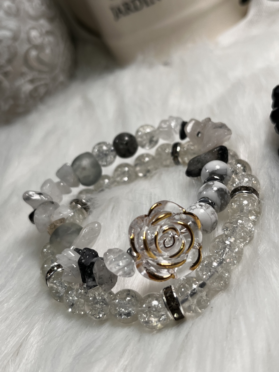 Rose and Cat Head, Tourmaline Quartz, Howlite, Yooperlite Beads - photo 4