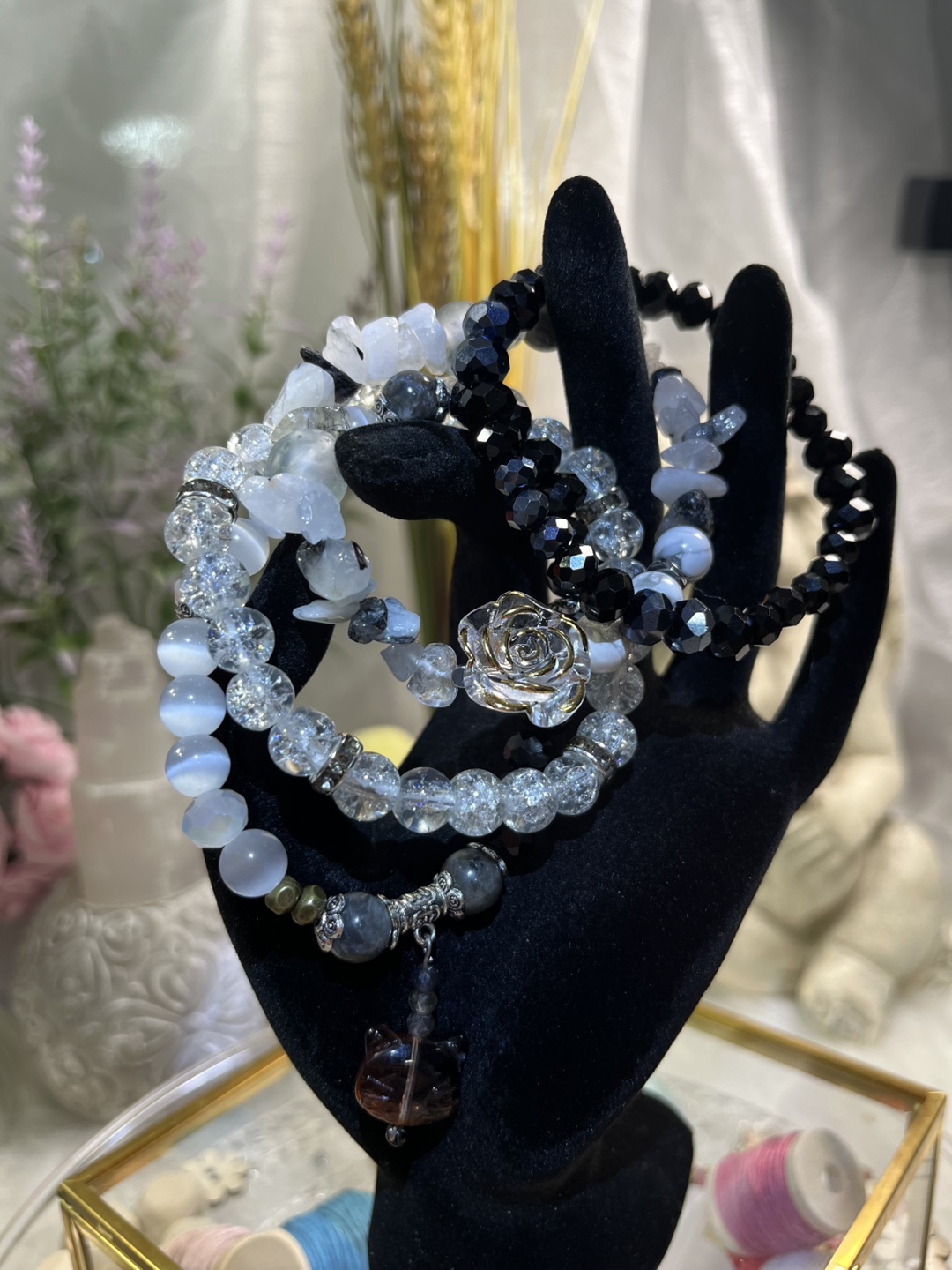 Rose and Cat Head, Tourmaline Quartz, Howlite, Yooperlite Beads - photo 2