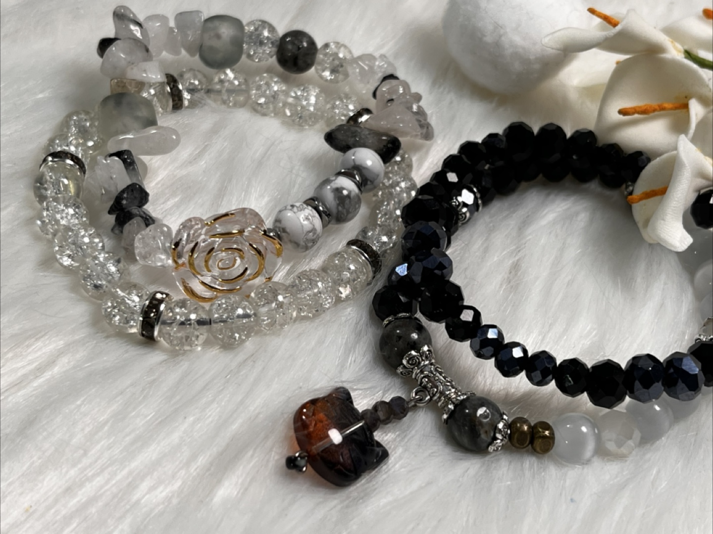 Rose and Cat Head, Tourmaline Quartz, Howlite, Yooperlite Beads - photo 3