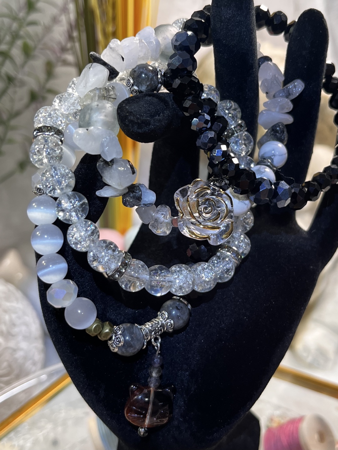 Rose and Cat Head, Tourmaline Quartz, Howlite, Yooperlite Beads