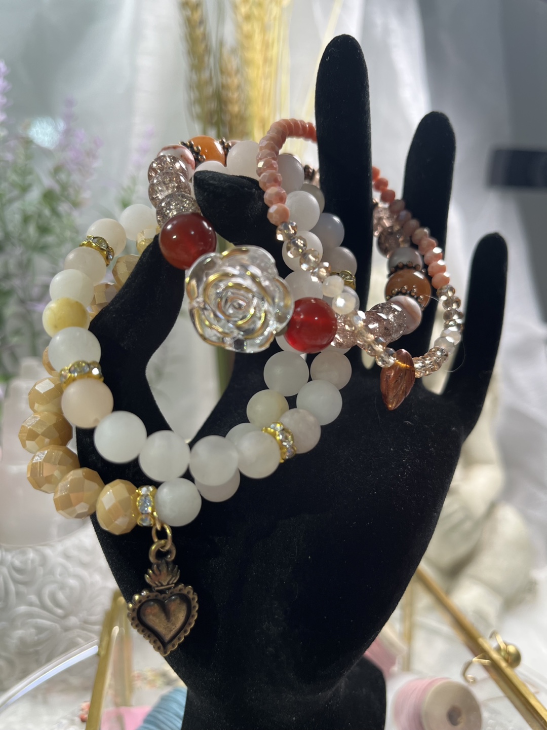 Rose and Heart Charm on Carnelian, Aventurine and Red Vein Agate