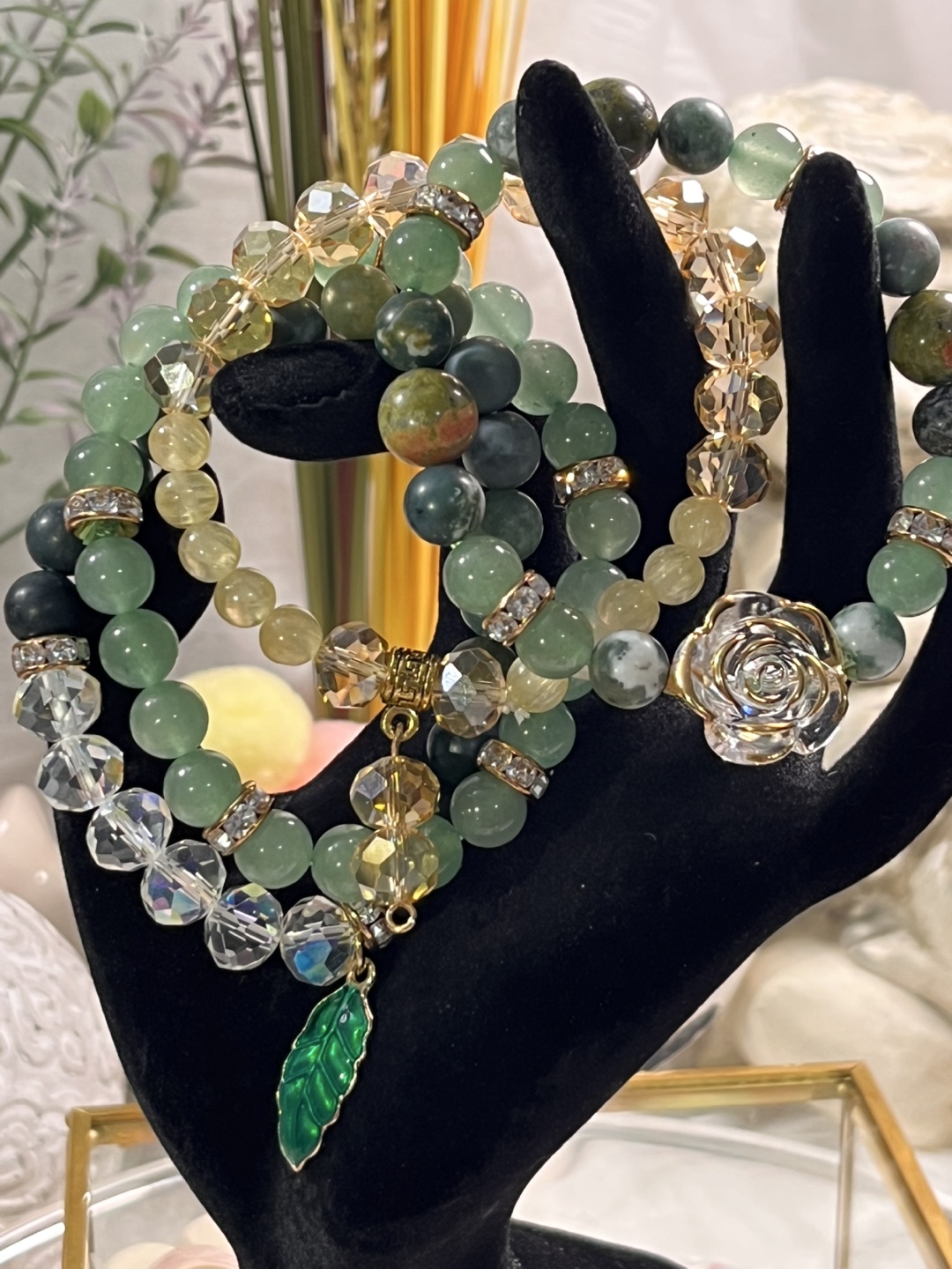Rose and Leaf Charm on Aventurine, Selenite, Unakite Bracelet