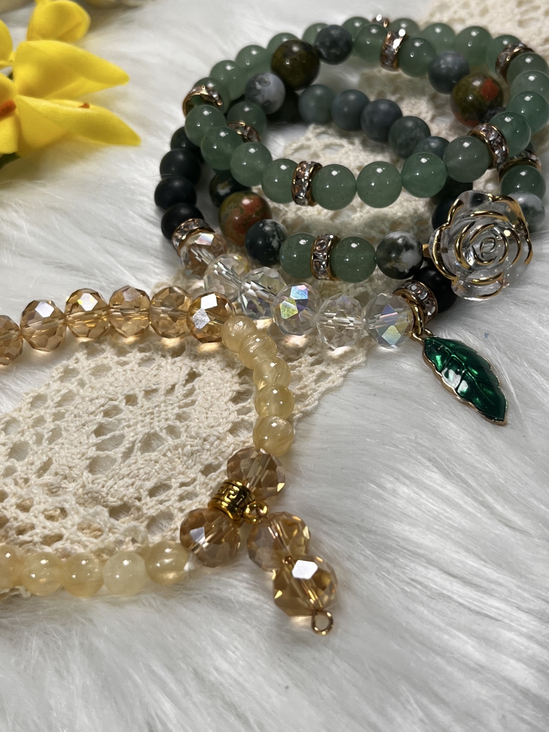 Rose and Leaf Charm on Aventurine, Selenite, Unakite Bracelet - photo 4