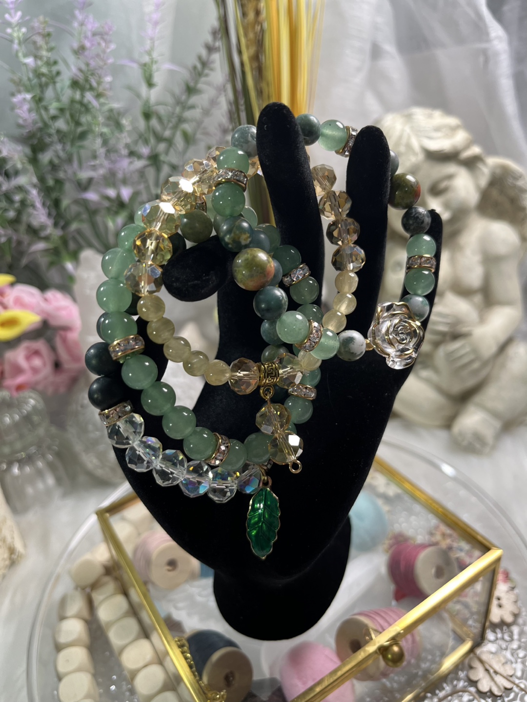 Rose and Leaf Charm on Aventurine, Selenite, Unakite Bracelet - photo 2