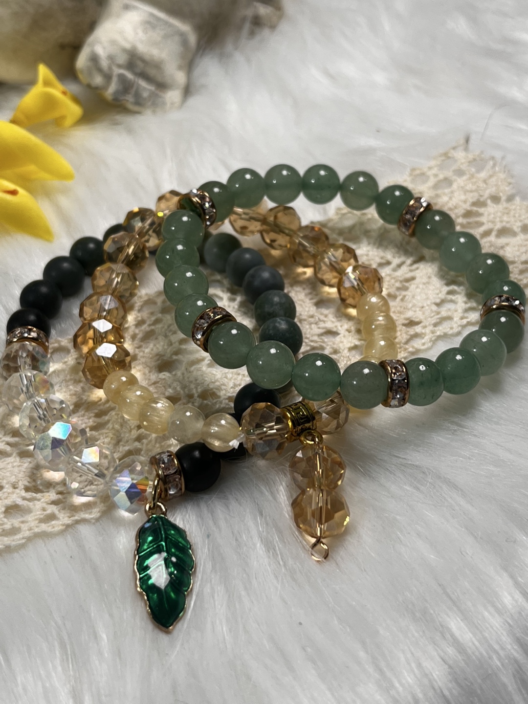 Rose and Leaf Charm on Aventurine, Selenite, Unakite Bracelet - photo 3