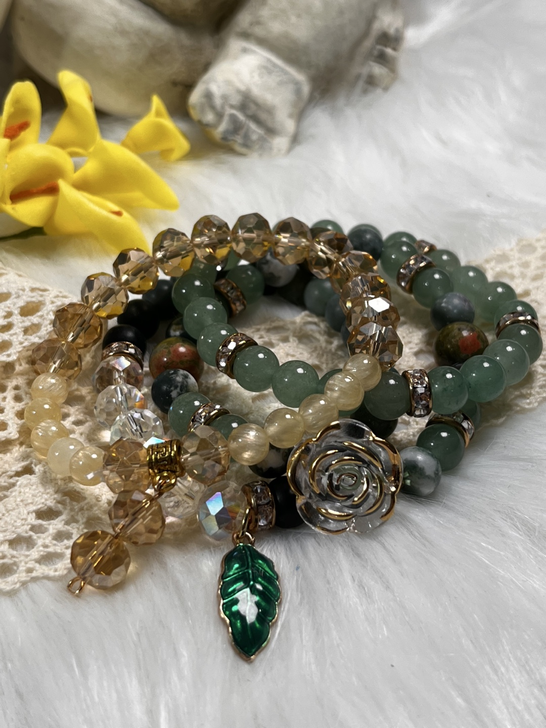 Rose and Leaf Charm on Aventurine, Selenite, Unakite Bracelet - photo 5