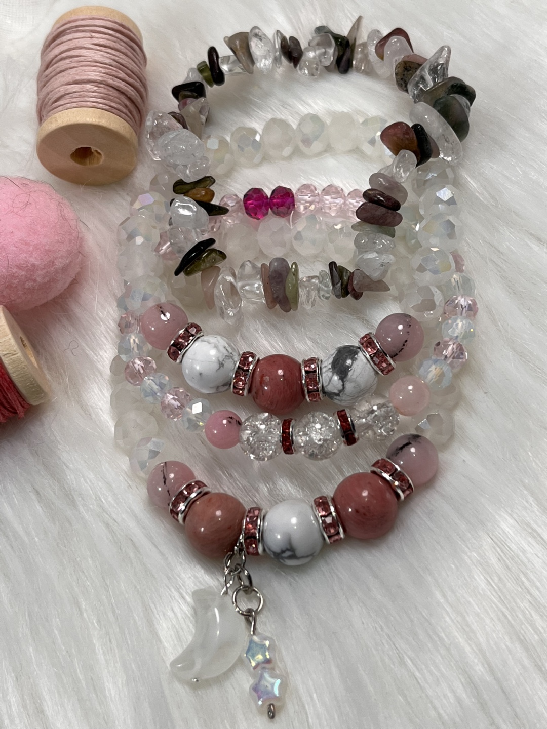 Rhodonite, Cherry Blossom, Clear Quartz with Half Moon Charm - photo 3