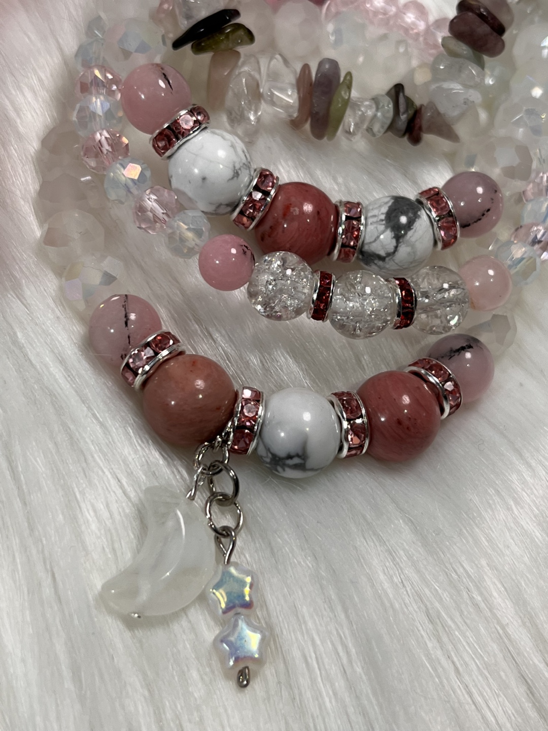 Rhodonite, Cherry Blossom, Clear Quartz with Half Moon Charm - photo 4