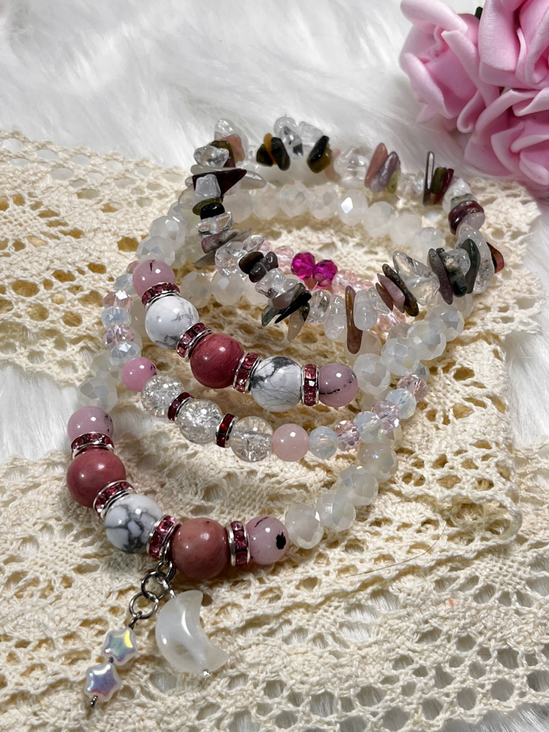 Rhodonite, Cherry Blossom, Clear Quartz with Half Moon Charm - photo 2